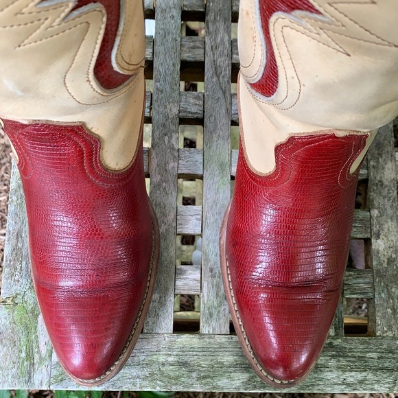 FRYE Vintage Red Lizard Leather Heeled Western Cowboy Boots—Made in USA, Size 7 - Picture 7 of 12